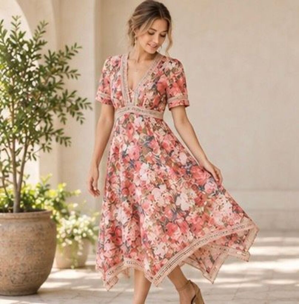 RANNA GILL ANTHROPOLOGIE Rose Bouquet Chiffon Lace Asymmetrical Midi Dress Sz 2